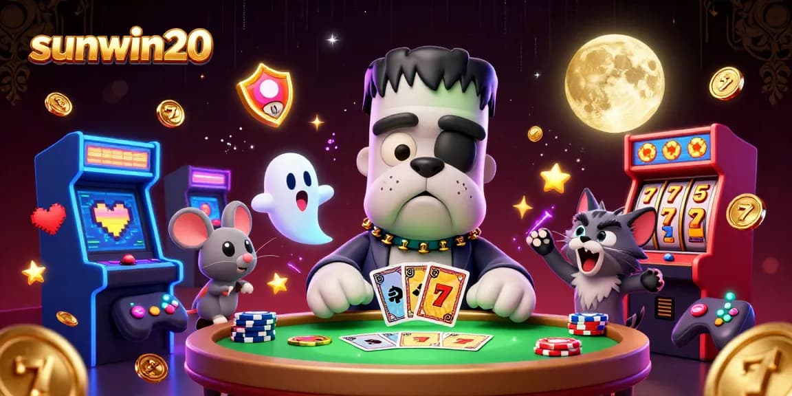 Spin the reels with sunwin20 featuring a Frankenstein bulldog and a ghost mouse in an engaging casino scene.