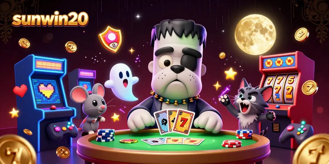Spin the reels with sunwin20 featuring a Frankenstein bulldog and a ghost mouse in an engaging casino scene.