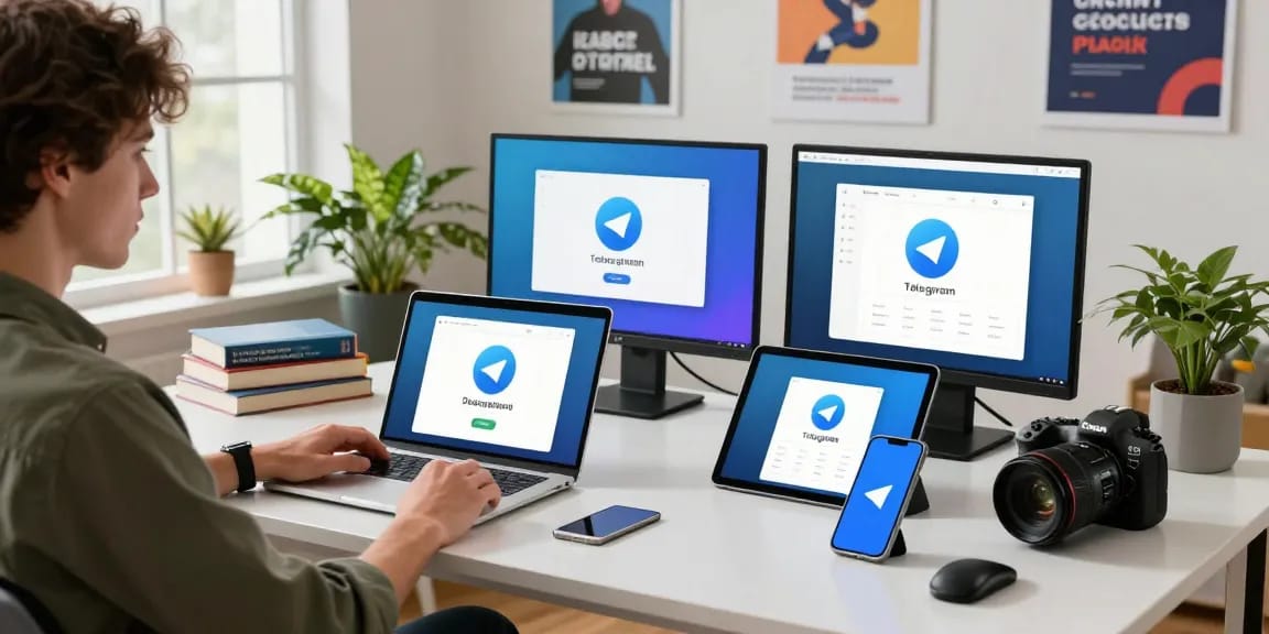 Downloading Telegram app on multiple devices in a vibrant workspace