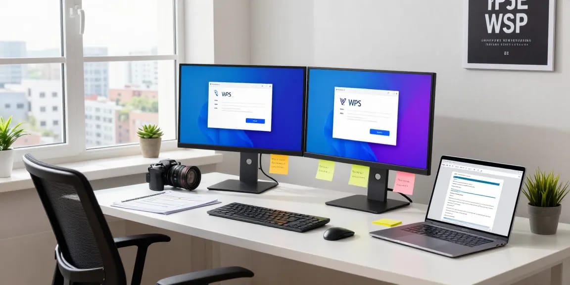 WPS Download process showcased on a modern home office desktop with dual monitors and organized workspace.