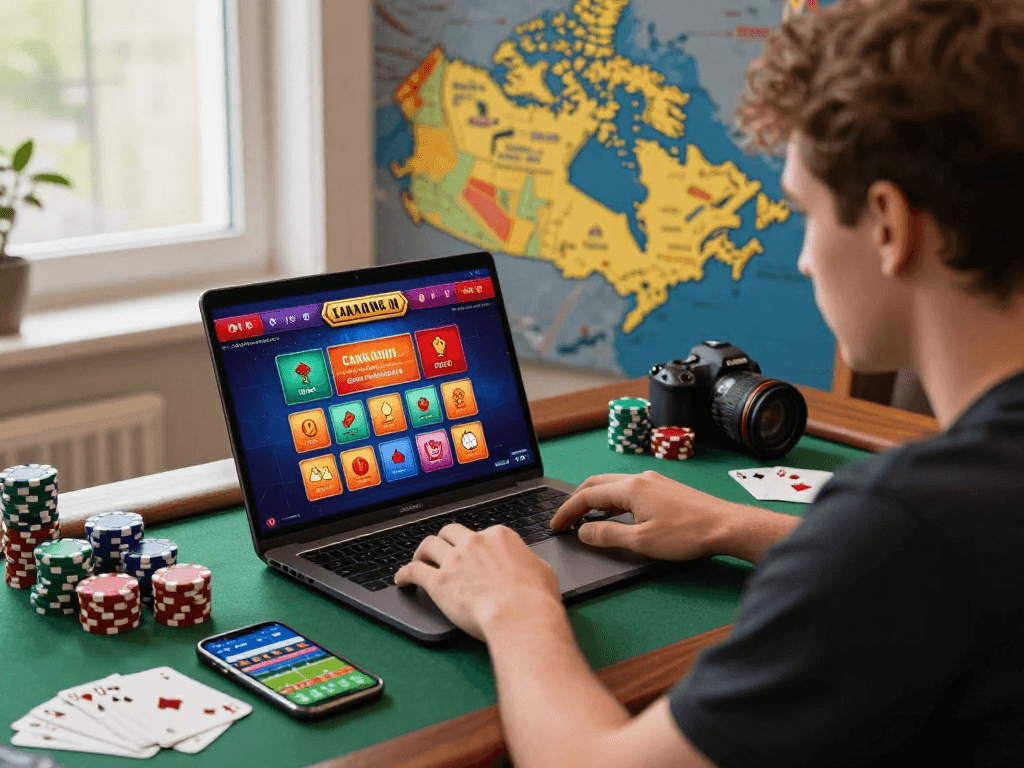 Experience the thrill as you gamble online Canada with a player immersed in gaming, showcasing vibrant online platforms.