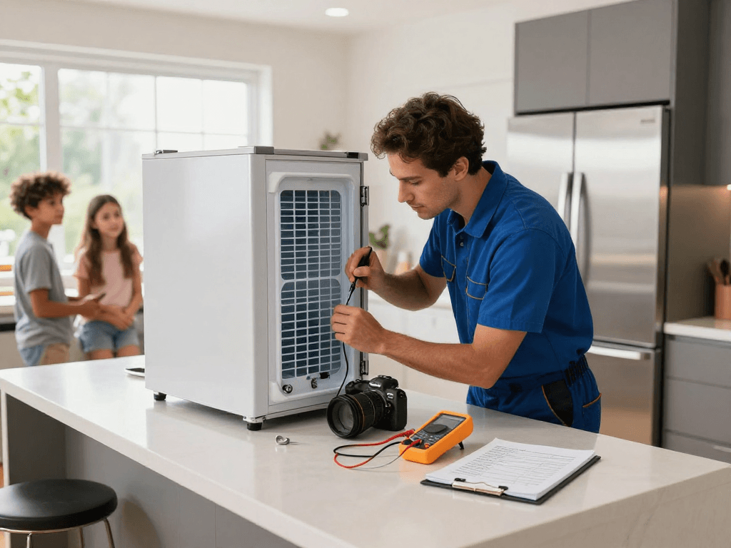Technician performing fridge repair in a modern kitchen, showcasing expertise and family engagement.