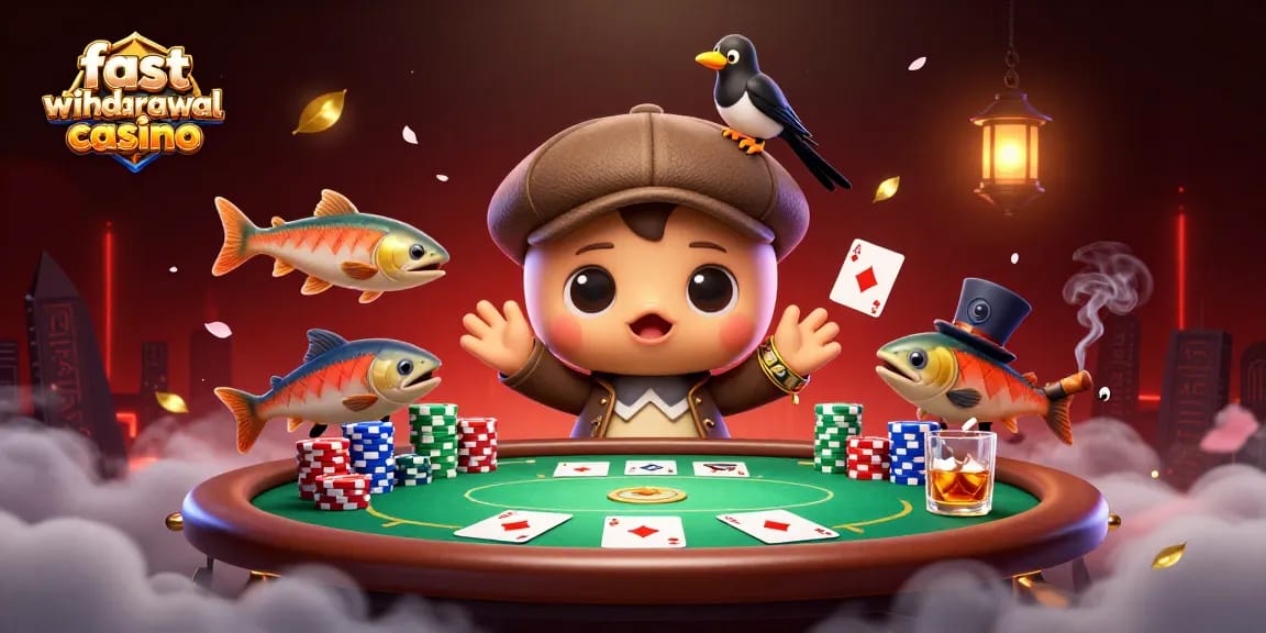 Join the fun at a fast withdrawal casino with cute characters celebrating at a lively poker table.