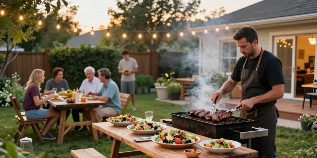 Delicious barbecue catering spread in Alberta featuring grilled meats and vibrant salads.