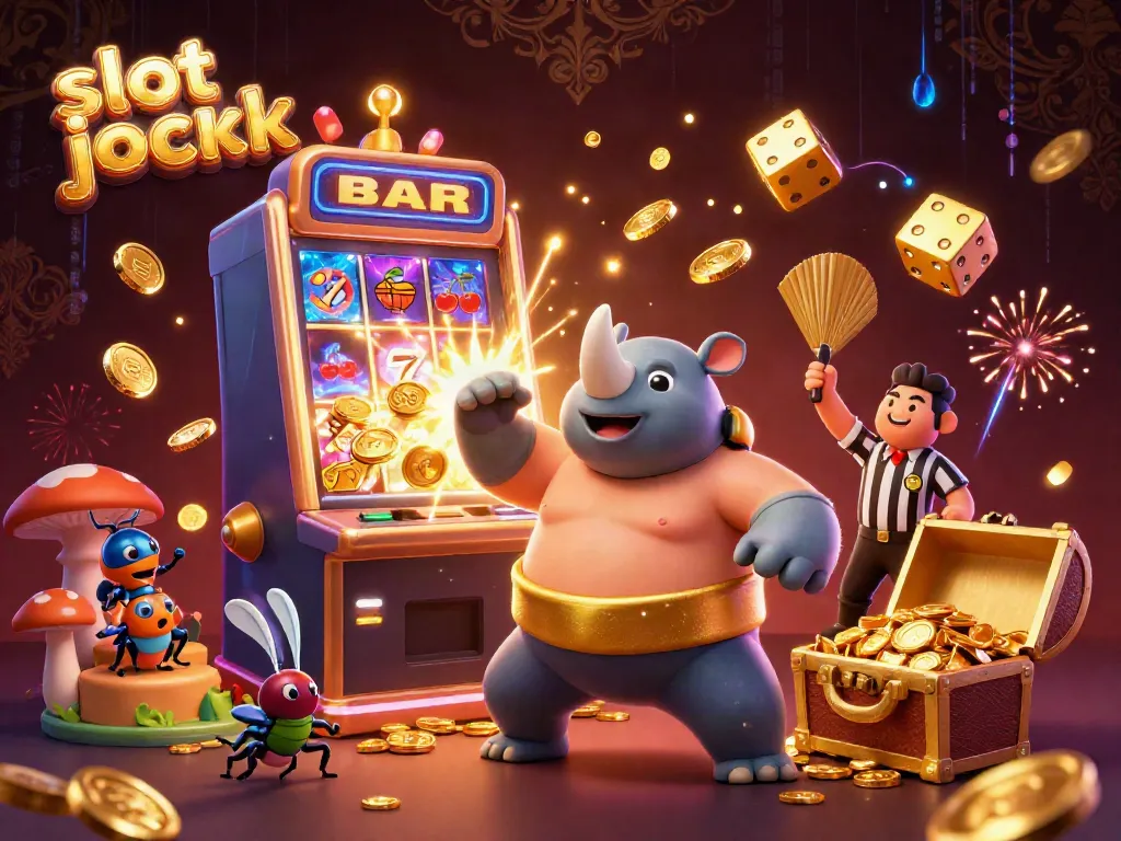 Engage with vibrant slot jackpot action depicted by a rhinoceros beetle champion amidst flying golden coins and colorful symbols.