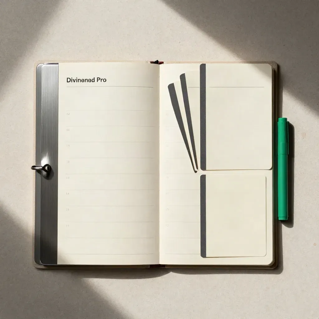 Overhead flatlay of a dividend tracking bundle with ring-bound cards and emerald tab