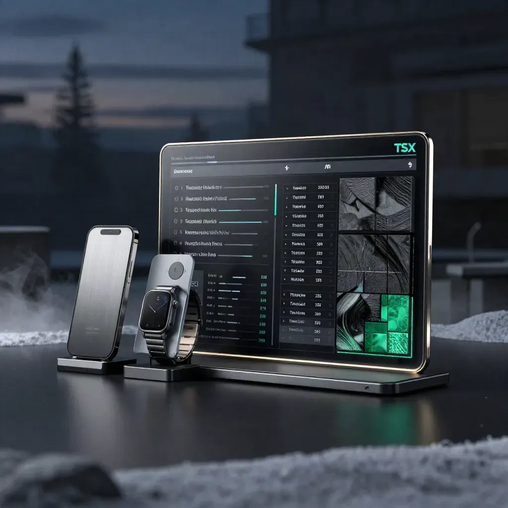 Charcoal glass TSX dashboard card with phone dock, watchlist block, and data cube on a dark studio surface.