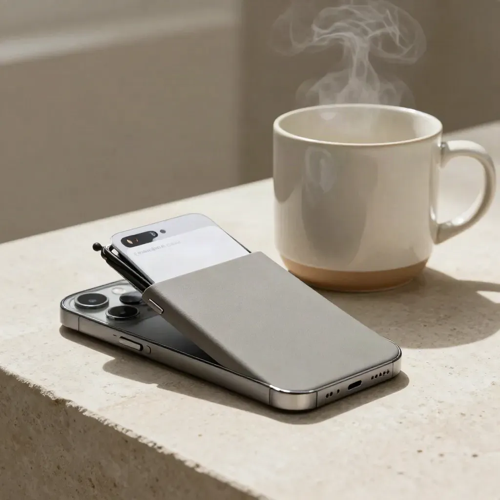 Annual plan case, phone, card sleeve and mug on pale stone with soft steam and side light