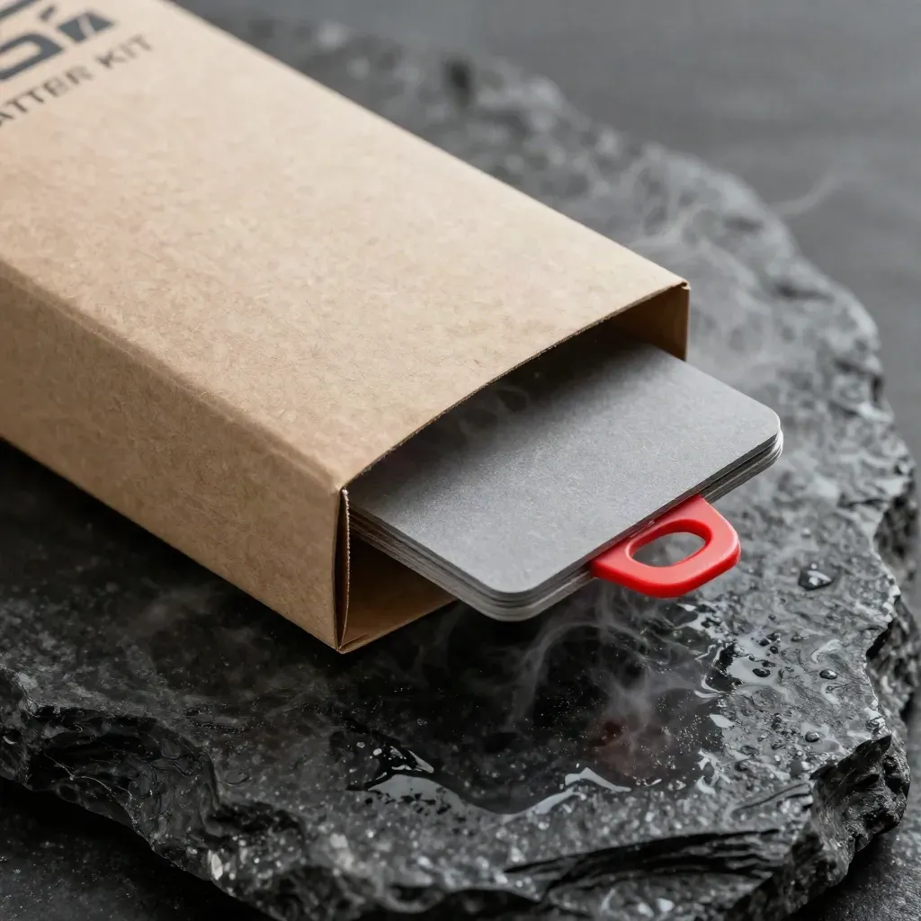 Sealed kraft TSX Starter Kit box hovering over wet basalt with mist and red accent