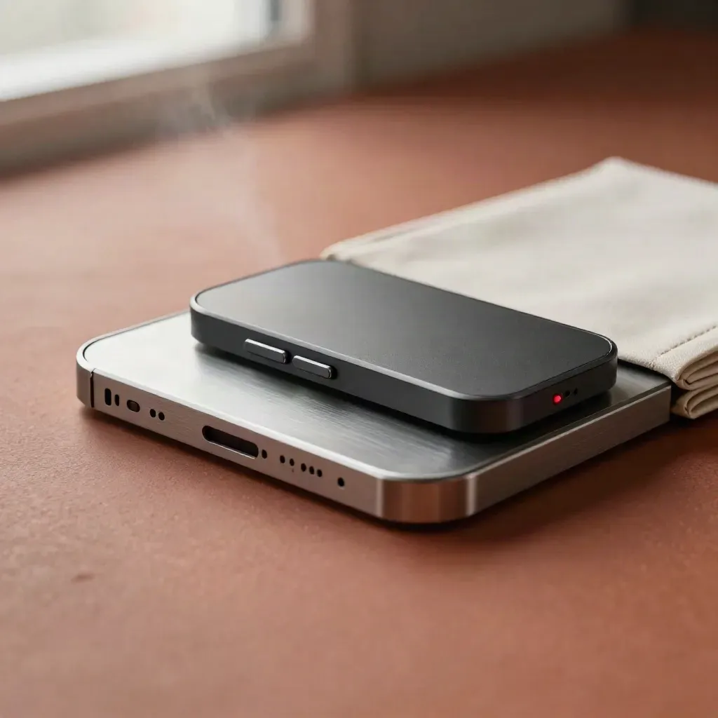 Portfolio alert pack with red pulse puck beside brushed metal, soft haze, tight hero shot.