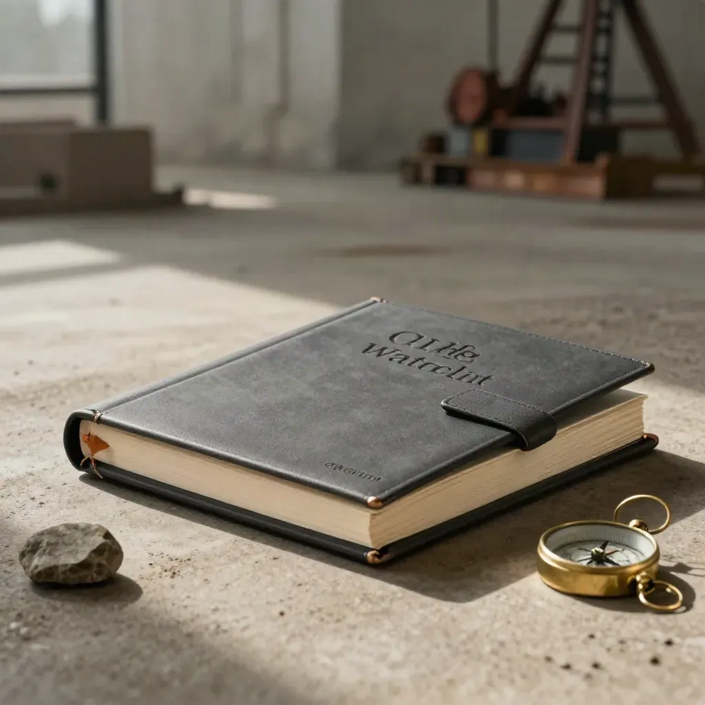 Dark market binder, brass compass and stone sample on warm concrete in soft daylight.