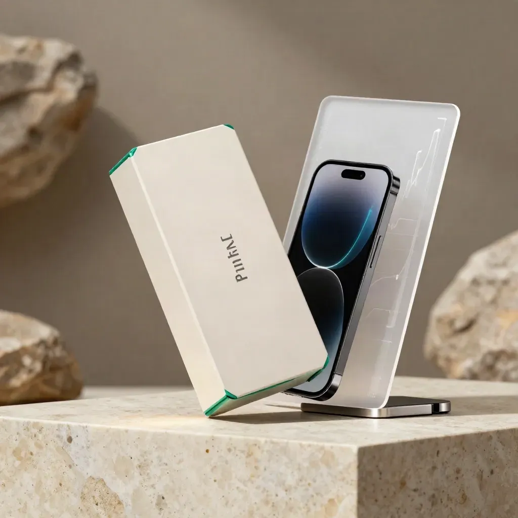 Luxury market data subscription box with a phone, chart card and dock on travertine, lit in emerald glow.