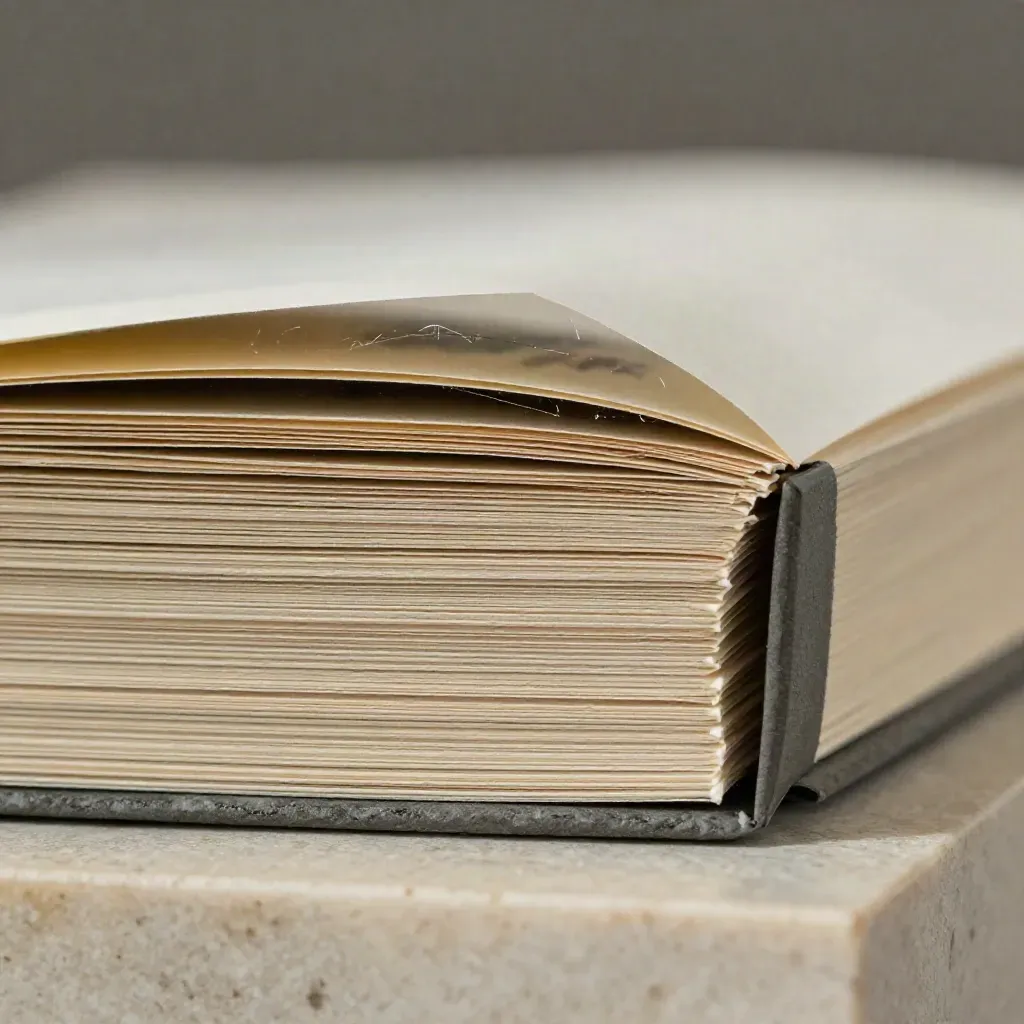Macro of a graphite-clasped stock sheet pack with fanned paper edges on pale stone