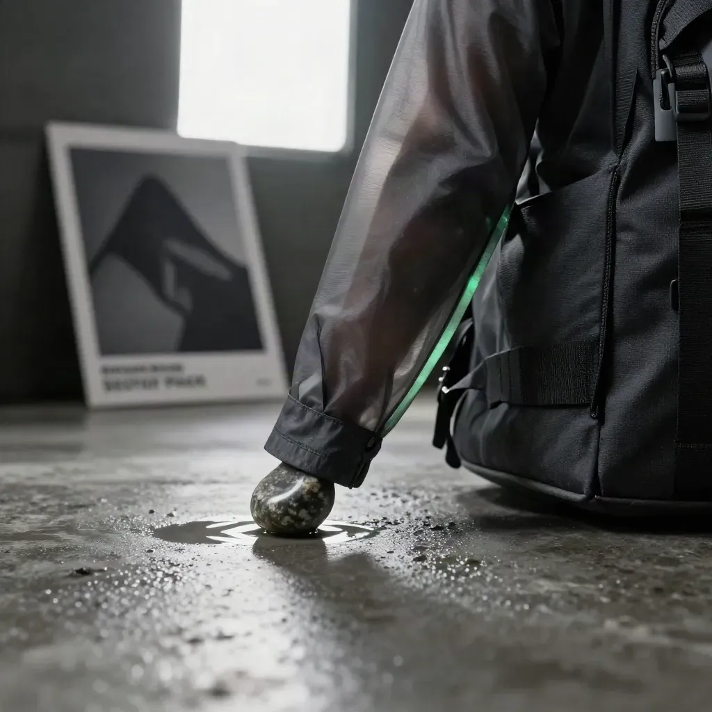 Charcoal energy sector pack slides through wet light on concrete with a faint emerald glint.