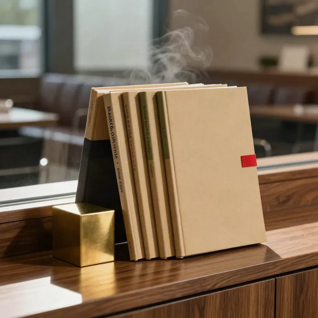 Five slim bank research booklets clasped beside brass blocks on a walnut credenza.