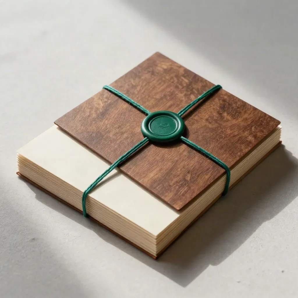 Overhead flatlay of stacked cream inserts tied with emerald thread on pale plaster.