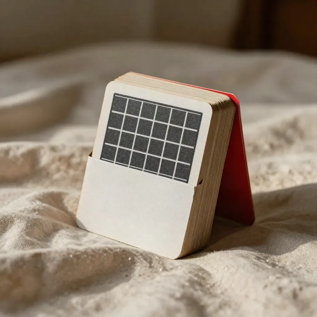 Macro of a charcoal screener deck half-buried in folded linen with a red tab.