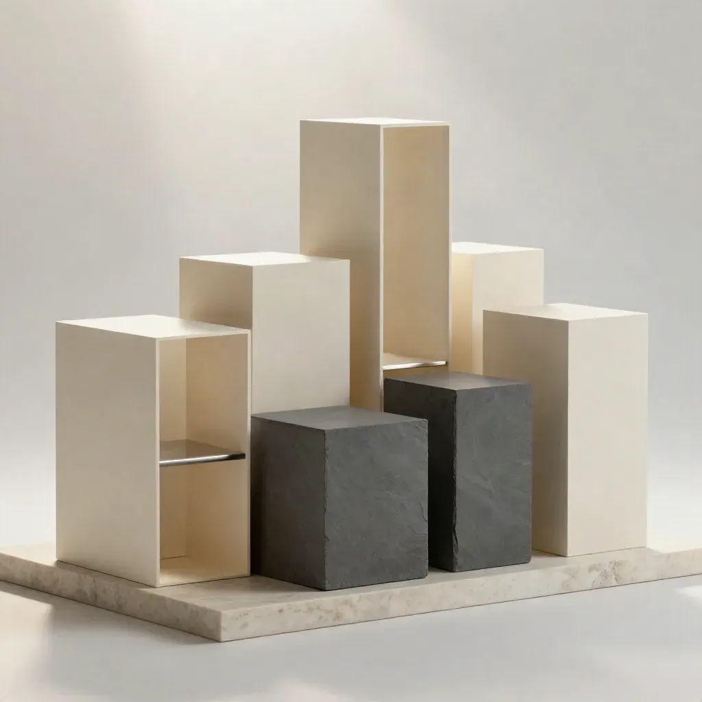Slate and cream REIT blocks stacked like a miniature skyline on pale stone with soft daylight haze.