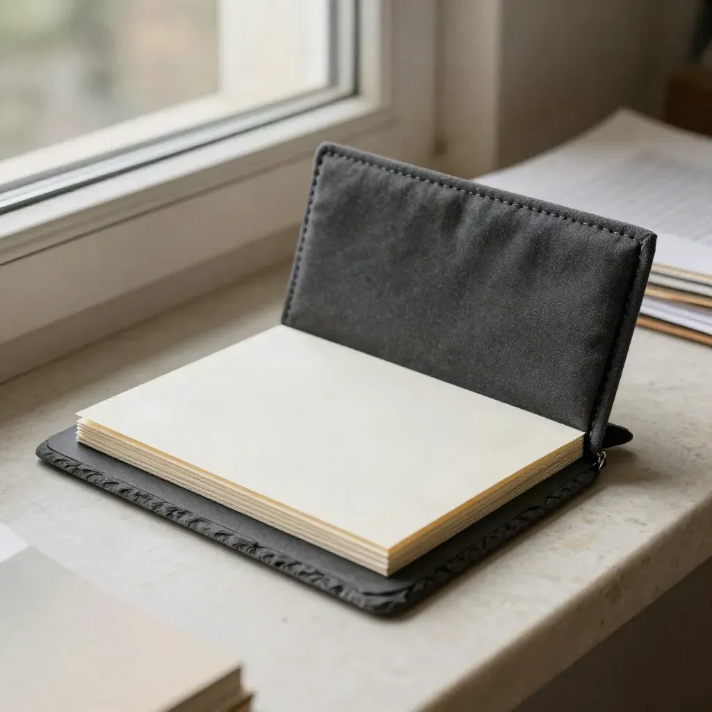 Cloth-sleeved investing guide kit with folded insert and slate paperweight on a sunlit ledge.