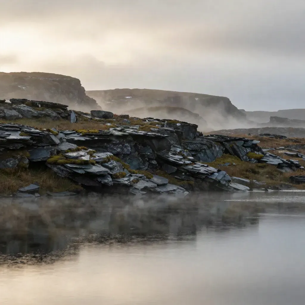 Rain-washed foothills mirrored in still water under a pale sky and thinning storm clouds