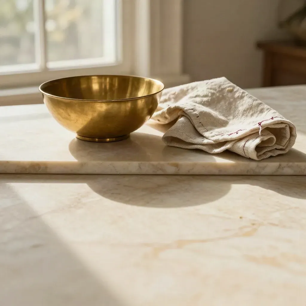Warm marble tabletop with brass bowl, folded cloth and soft stone edge in late sun.