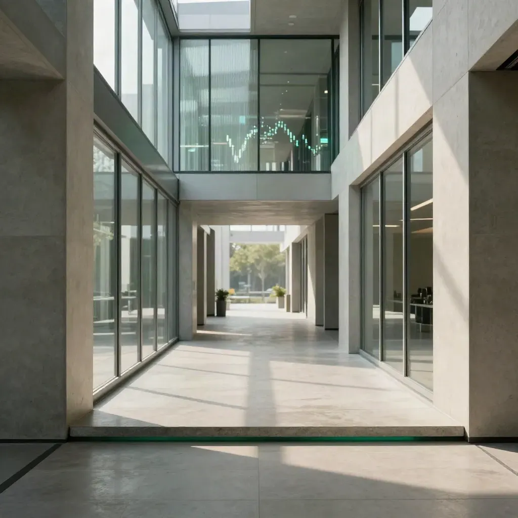 Sunlit concrete corridor with ribbed glass and emerald reflections, calm floor space for copy.