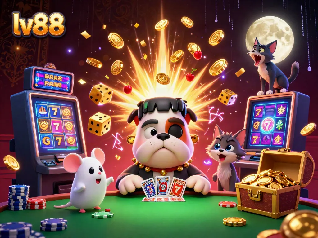 Experience thrilling gameplay at lv88 with a lively 3D scene featuring unique characters and vibrant casino elements.