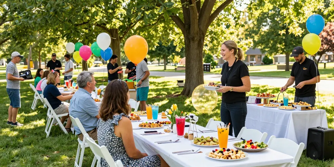 Party planner Mississauga organizing a vibrant outdoor celebration with guests enjoying delicious food and festive decorations.