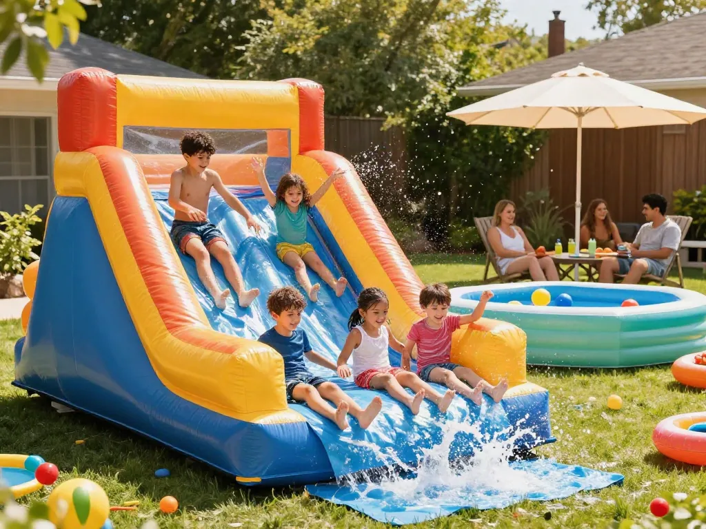 Children laughing on a colorful inflatable water slide during summer fun.