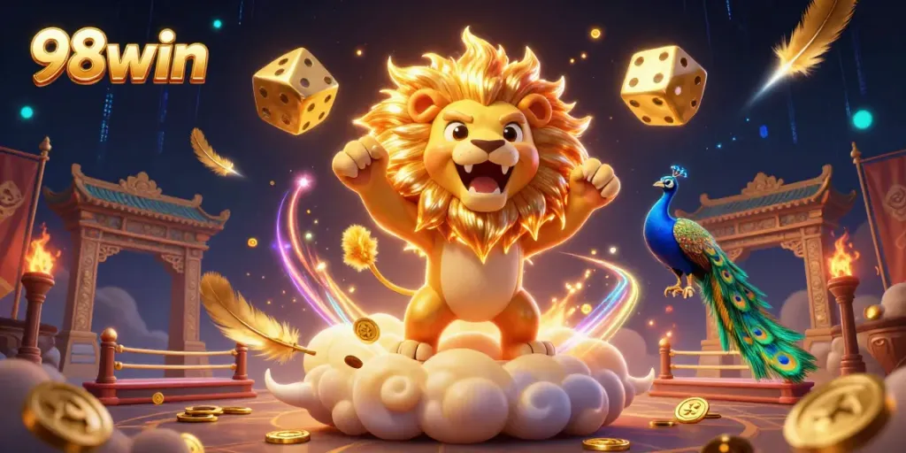 Engage with 98win's exhilarating casino fun with a vibrant 3D scene of sun lion and exciting game elements.