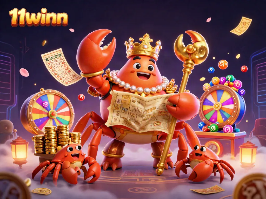 Experience the vibrant energy of 11winn with a golden crab emperor and lottery excitement.