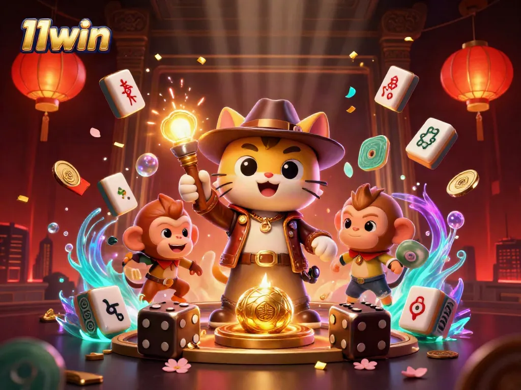 Engage in thrilling adventures at 11win, exploring treasures in a vibrant casino-themed scene.