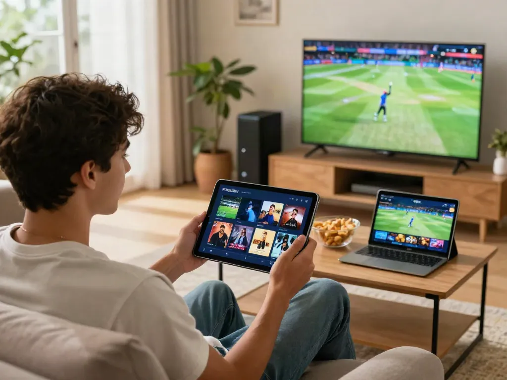 Engaging living room scene with user streaming FilmyZilla APK on a tablet surrounded by entertainment elements.