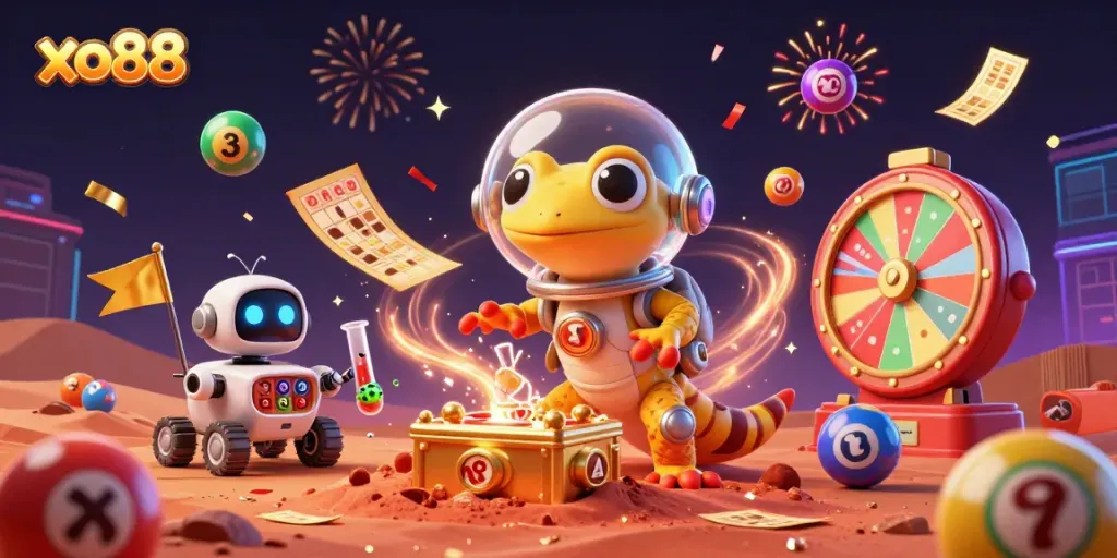 Engage with the vibrant, Martian-themed world of xo88 as a cartoon gecko discovers a golden casino amid lively gambling elements.