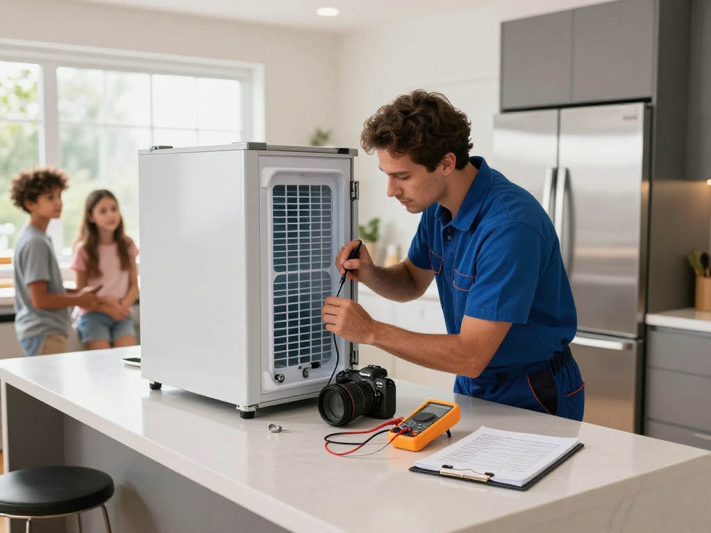 Technician performing fridge repair in a modern kitchen, showcasing expertise and family engagement.